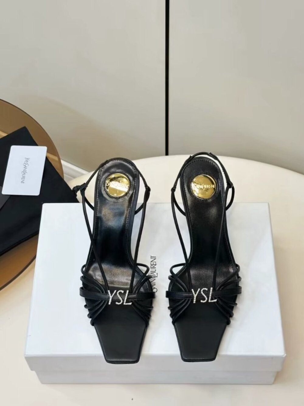 Saint Laurent Black Leather Rhinestone Logo Open Toe Slingback Heels